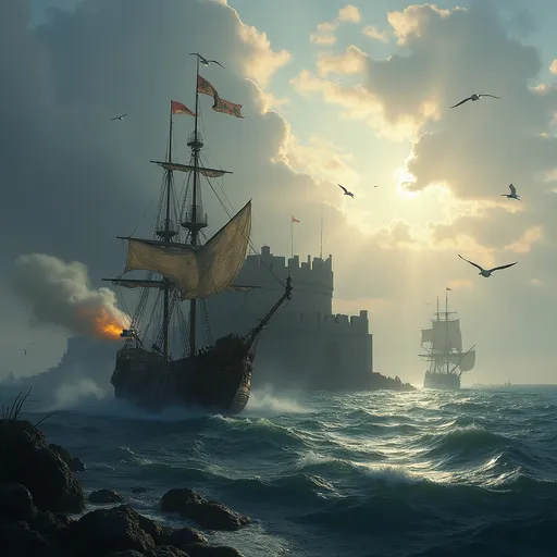 Prompt: A small fort stands on he sea with flags waving atop its walls . In front of it a 17th-century galleon fires a cannon with smoke billowing from the barrel . Sailboats drift on the water .Seagulls soar above the waves . The atmosphere is dramatic with a sense of historical naval conflict . Sunlight. Mist 