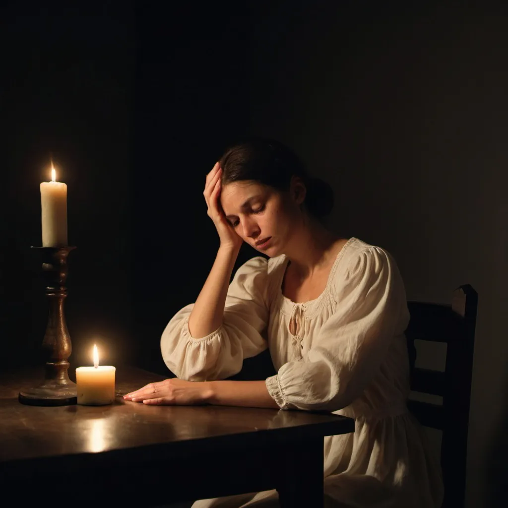 Prompt: n a dark room, a woman sits on a chair with her face in her palm in front of a table. The woman wears a white peasant blouse. There is only one candle on the table