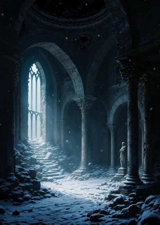 Prompt: The snow-powdered dark hall of a  dark, ruined castle with collapsed roof allowing heavy snowfall to pour inside. Arched  windows let in a cold blue light . Columns . Statues .  Mist. Snow blown by the wind.  Haunting, ethereal beauty . Night . Mysterious atmosphere. The style of 19th-century realism.