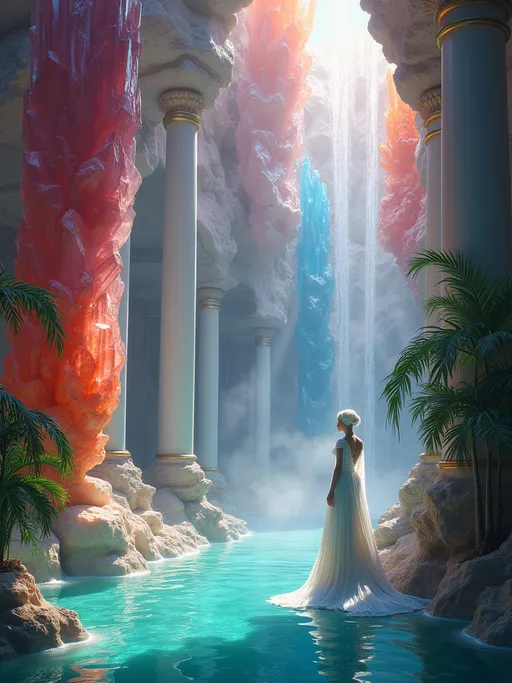 Prompt: The interior of a fantastic palace made entirely of gigantic quartz crystals in red, blue, orange an dpurple hues along with shimmering crystals of rubies , sapphires , amethysts and emeralds . White columns . Mist . Lush tropical plants and palms . In the right stands an Ice Queen wearing a long white gown with a flowing train with a high collar illuminated by sunlight filtering through the crystal walls casting prismatic light across the scene . A turquoise pool . Magical , ethereal atmosphere , high detail , majestic and surreal .
