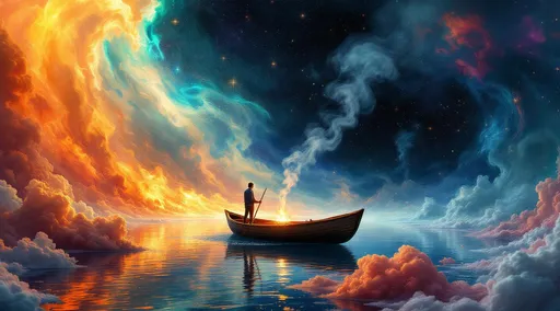 Prompt: A surreal and imaginative scene that blends cosmic wonder with dreamlike fantasy.
A man stands in a small wooden rowboat, floating not on water but through a vast, celestial sea of vibrant colors and swirling cosmic clouds. The boat appears suspended in midair, navigating a dreamy, otherworldly space. Smoke billowing from a small fire lit in the boat .
The backdrop is a spectacular explosion of colors—vivid oranges, reds, yellows, and golds dominate the lower half of the scene, resembling a fiery sunset or the swirling gases of a nebula. The upper part transitions into deeper hues—cool blues, greens, purples, and blacks—evoking the cold vastness of outer space. White and pale pastel clouds curl and billow throughout the sky, blending seamlessly with the other colors in an almost painterly fashion.
Tiny points of light scattered across the dark background resemble stars, enhancing the illusion that the boat is drifting through the universe rather than an earthly body of water. The lighting is soft and ethereal, with warm highlights reflecting subtly off the figures and the edge of the boat, creating a gentle glow that contributes to the dreamlike atmosphere.
The overall mood of the painting is one of exploration, solitude, and wonder. The man and his dog seem to be on a surreal journey through an infinite, mysterious dimension. The image evokes a sense of boundless possibility, a quiet adventure beyond time and space.



