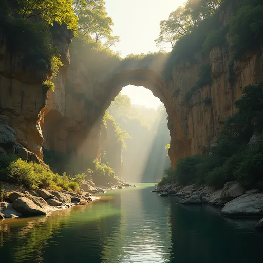 Prompt: A water hollowed sedimentary high rock in shape of a bridge , sandstone cliffs , 
banks of sedimentary rocks , a calm green river , thickets , mist  , golden sunlight