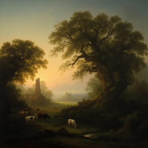Prompt: A painting in the style of 19th-century realism. A serene, pastoral landscape at twilight. A few cows grazing on a meadow . Massive, lush, gnarled trees. A pond. Mist. Ruins