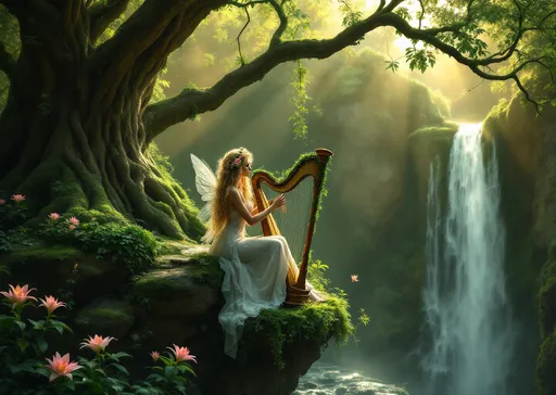 Prompt: A forest fairy with long , wavy, blonde hair dressed in a soft, flowing white dress , flowers in her hair and translucent wings plays a harp covered in moss . The woman sits on a lush, elevated rock platform covered in moss and vines under a massive , gnarled , lush tree deep in a mystical forest. A thin waterfall cascades , flowing over the edge of the cliff into the misty depths below . Pink lilies . The surrounding environment is dense with greenery - moss, vines, trees and rocky cliffs bathed in golden sunlight. The entire scene is bathed in a dreamlike, ethereal glow with rays of sunlight cutting through the mist creating a magical and surreal atmosphere. The woman appears to be deeply immersed in playing the piano adding a sense of serenity and emotion . Mist