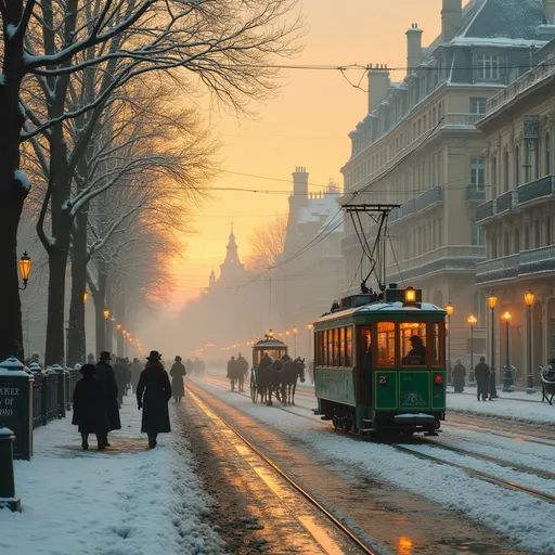 Prompt: A winter sunset scene in late 19th-century in Paris . A snow-covered street mixed with mud showing carriage wheel tracks . A green tram with a warmly lit orange interior . Two horse-drawn carriages on the street . Snow-covered trees line the street . A grand historic building . To the left the Seine river flows reflecting the evening lights . On the sidewalk elegantly dressed women in 19th century dresses and hats . Children and men with hats . Cylindrical advertising columns display vintage posters enhancing the nostalgic charm of the scene . Mist