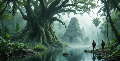 Prompt: A misty swamp deep in a lush tropical jungle . Massive, gnarled, lush tropical ficuses covered in vines . Tropical plants and palms . Steam . Ancient mayan temple ruins. Scattered stones and debris. Two men in 1800's explorer outfits with hats, ice picks and backpacks . Overcast sky .