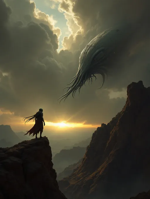 Prompt: An extraterrestrial humanoid warrior on a rocky cliff. A squid like extraterrestrial spaceship in the sky . Storm clouds .
The most striking element is the sky  . Thick, billowing clouds stretch across the sky, heavy and textured with tones of grey, brown, and hints of blue. These clouds seem to part just enough to reveal a glowing band of soft, golden-yellow light near the horizon, suggesting either a sunrise or a sunset. This light gently spills across the landscape, casting a muted radiance that enhances the depth and mystery of the scene.



