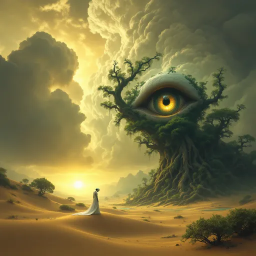 Prompt: A white female robot with her head bowed in front of a gigantic sculpture shaped like an eye in the middle of sand dunes covered by an enchanted, mysterious, lush forest with gnarled, lush, magical trees with tangled web of roots emerging from the ground. Mist. A turquoise pond. The most striking element is the sky . Thick, billowing clouds stretch across the sky, heavy and textured with tones of grey, brown, and hints of blue. These clouds seem to part just enough to reveal a glowing band of soft, golden-yellow light near the horizon, suggesting either a sunrise or a sunset. This light gently spills across the landscape, casting a muted radiance that enhances the depth and mystery of the scene. The style of 19th-century realism.
