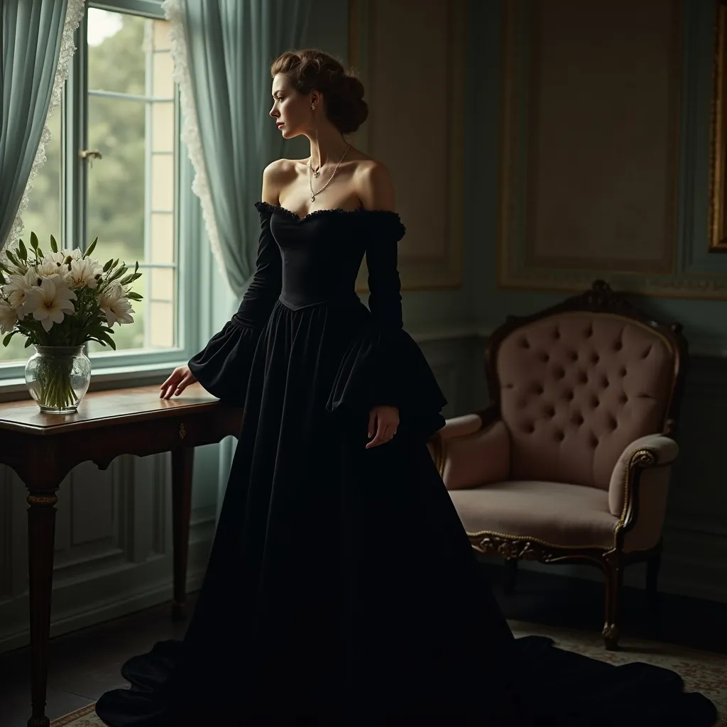 Prompt: A noble and beautiful woman with an elegant hairstyle and make-up wearing a princess black velvet dress with covered shoulders with a long train a square neckline and dramatically long flared sleeves . A delicate necklace adorns her neck . She stands near a Victorian window in a somptuos Victorian interior  near a table with a vase with lillies  and a Victorian armchair . Diffuse light , Melancholic and dark atmosphere