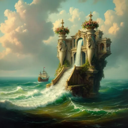 Prompt: A side view of a mermaid's palace rising from the middle of the misty, turquoise, stormy ocean. Powerful ocean waves wash over the palace steps. The structure features tall windows, elegant columns, grand staircases and ornate urns with lavish bouquets of flowers. On each side stand two sculpted fish from whose mouths two arcing streams of water gush outward and fall into the ocean. A fairytale galleon. Fluffy pink clouds. Golden sunlight. A painting in the style of 19th-century realism.