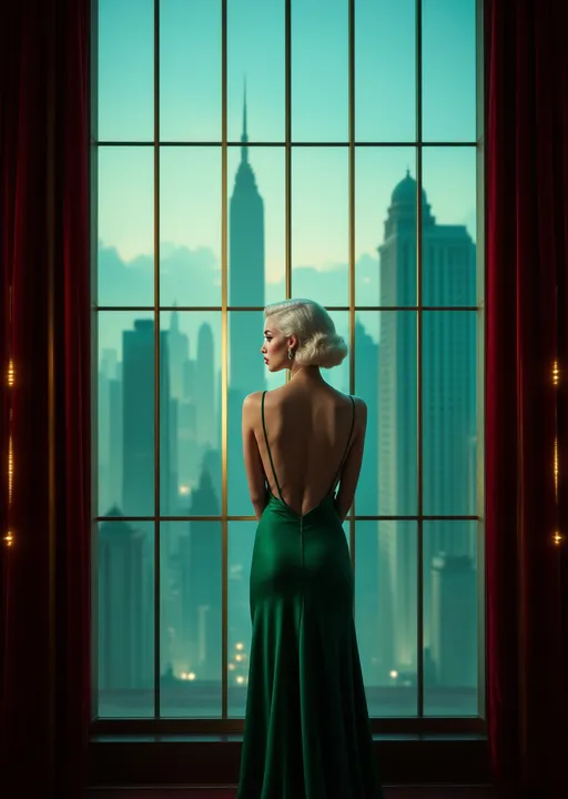 Prompt: A cinematic shot featuring a glamorous woman standing in front of a large window with an art deco or retro-futuristic aesthetic.
A woman with platinum blonde , vintage-styled hair is standing with her back to the viewer slightly turning her head to the left as if glancing over her shoulder . She is dressed in a long , elegant , sleeveless green evening gown with a deep V-cut in the back revealing her upper back and shoulders . The fabric of the dress drapes smoothly suggesting silk or satin and the lighting highlights its contours. She holds her arms crossed in front of her chest .
She stands in front of a large, tall window composed of multiple rectangular glass panels separated by thin lines. The view outside shows a painted city skyline with a tall, narrow skyscraper and a partially visible domed building in the right visible against a gradient blue-green sunset sky . Dreamy, surreal mood.
The setting is theatrical and cinematic : red velvet curtains frame the window on both sides and vertical golden light accents are embedded into the walls.
Thed lighting is soft and diffused giving the entire scene a hazy , romantic glow reminiscent of classic Hollywood or film noir lighting .