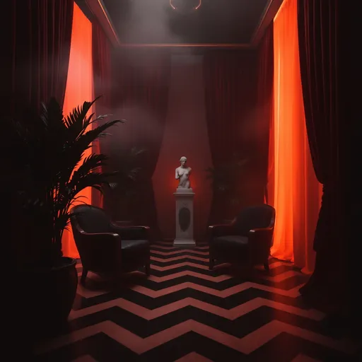 Prompt: A surreal dark room with no windows with a bold, zigzag-patterned floor in black and beige , deep red velvet curtains covering all the walls, art deco-style black armchairs with wooden arms and big pots with lush  tropical plants . Mist. From between the curtains an intense orange light radiates. A classical marble statue stands nearby , subtly lit by the orange glow. The atmosphere is dreamlike and eerie with strong cinematic lighting and shadows .