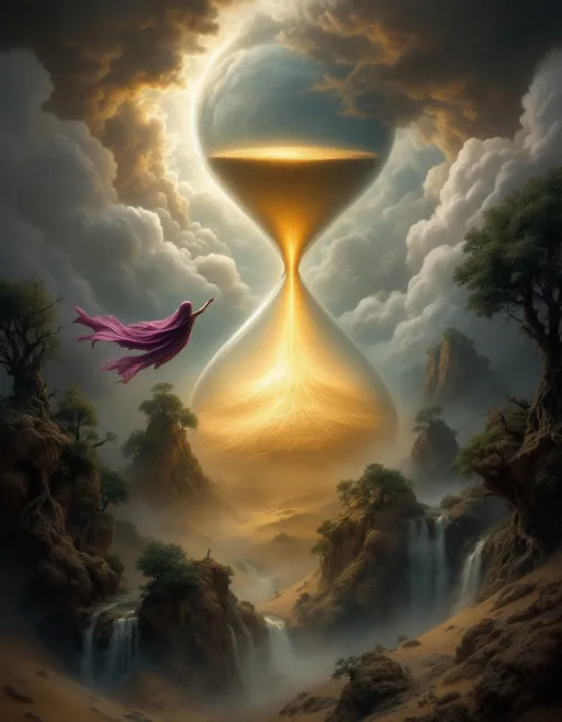 Prompt: A giant hourglass floating high up to the clouds shrouded in mist from which sand flows. A goddess wrapped in long, flowing purple veils ascends in flight toward the falling sand . Sand dunes covered by an enchanted, mysterious, lush forest with gnarled, lush, magical trees with tangled web of roots emerging from the ground. Waterfalls.  Mist. A turquoise pond. The most striking element is the sky . Thick, billowing clouds stretch across the sky, heavy and textured with tones of grey, brown, and hints of blue. These clouds seem to part just enough to reveal a glowing band of soft, golden-yellow light near the horizon, suggesting either a sunrise or a sunset. This light gently spills across the landscape, casting a muted radiance that enhances the depth and mystery of the scene. The style of 19th-century realism.