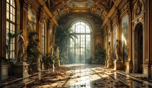 Prompt: A painting in the style of 19th-century realism. A long, huge, weathered, abandoned, sumptuous Baroque hall, slightly hazy. A row of classical, weathered, mossy statues stand in front of ornate huge and tall windows with glass panes. Sunlight shafts stream through the windows cutting through the haze. The vaulted ceiling is richly painted with elaborate, weathered, peeling frescoes depicting mythological scenes. The walls are covered in luxurious gilded paneling heavily ornamented with intricate vegetal motifs and flowing leaves. Lavish bouquets of wilted, fading flowers. Faded paintings on the walls. At the far end of the hall, two massive richly decorated doors stand closed their panels adorned with elaborate vegetal carvings. The richly ornamented marble floor is partially covered with dry, withered leaves scattered across its surface. Outside we can see a misty garden with lush tropical plants and palms and weathered, mossy statues. 