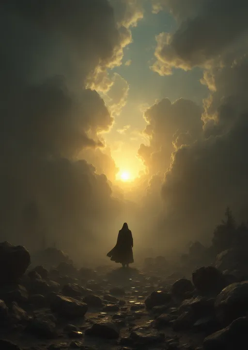 Prompt: Thousands of stones levitating around a mysterious silhouette .Trees. Surreal and atmospheric scene .Mist.
The most striking element is the sky . Thick, billowing clouds stretch across the sky, heavy and textured with tones of grey, brown, and hints of blue. These clouds seem to part just enough to reveal a glowing band of soft, golden-yellow light near the horizon, suggesting either a sunrise or a sunset. This light gently spills across the landscape, casting a muted radiance that enhances the depth and mystery of the scene. The style of 19th-century realism .