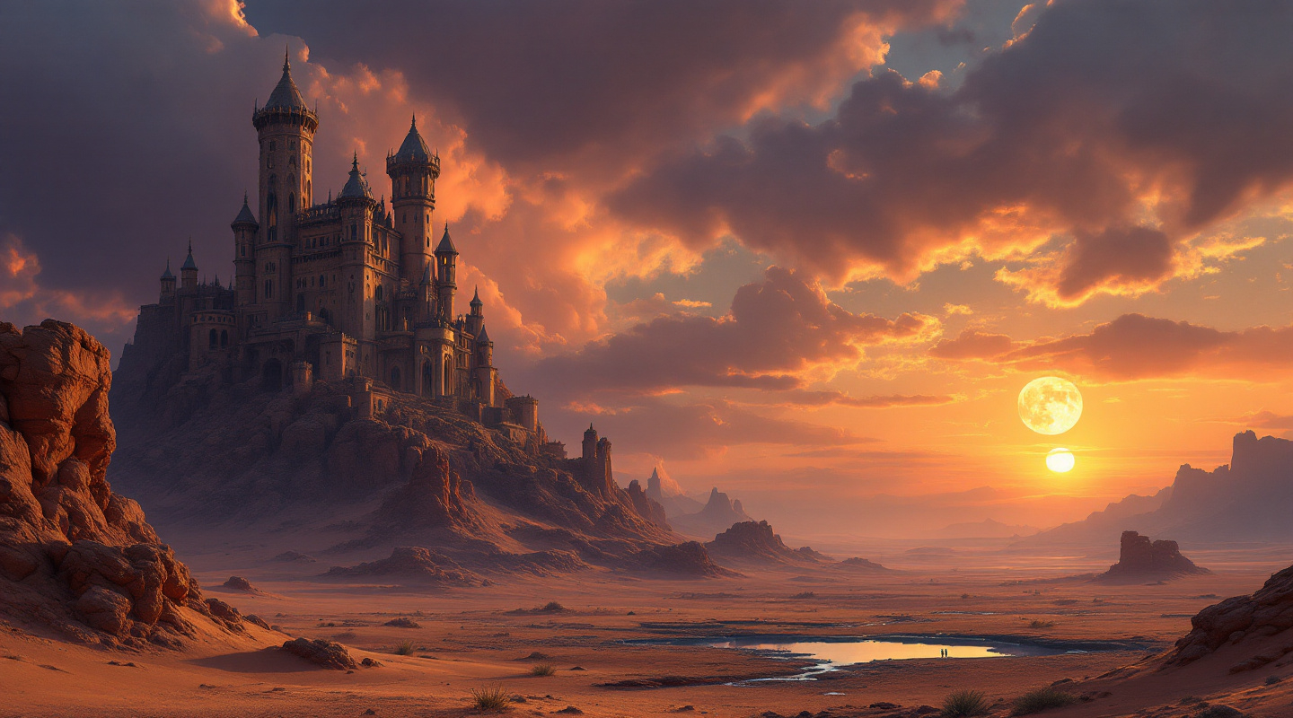 Prompt: A surreal and majestic desert landscape featuring a towering gothic castle on a rocky hill , with a small reflective pool in the foreground . The sky is dramatic , filled with dense clouds , a glowing moon contrasts with the golden hues of a setting sun . The scene evokes a mystical and other worldy atmosphere

