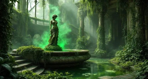Prompt: An abandoned lush garden filled with lush overgrown carnivorous plants , plants with thorns , poisonous ivy and monstruous plants . A Venus statue covered in mold, moss and ivy . A ruined fountain covered in mold, moss and ivy from which green steam arise . Thick mist . A ruined palace with ornate pillars balustrades and statues covered in mold and moss . A green puddle Stairs . Sunlight