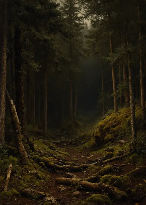 Prompt: A dense, coniferous forest in the style of 19th-century realism , likely in a northern or mountainous region, given the types of trees and moss-covered ground. The forest is dominated by tall pine and spruce trees, their trunks rising vertically and closely spaced, creating a sense of enclosure and depth. The canopy overhead is thick, allowing only a limited amount of light to filter through, casting the forest floor in dim, dappled shadows.

The ground is uneven and covered in a thick layer of moss, fallen branches, and decaying logs, giving the scene a sense of ancient, untouched wilderness. The rich green hues of the moss contrast with the earthy browns of the soil and tree trunks. Some tree trunks are broken or fallen, adding to the wild, naturalistic atmosphere of the forest.

In the background, the forest becomes darker and more mysterious, with shadows deepening as the trees recede into the distance. This creates a tunnel-like effect, drawing the viewer’s eye deeper into the scene. There is a small clearing where a faint patch of light illuminates the mossy ground, hinting at an opening or a path further in.

The overall mood of the painting is tranquil yet slightly eerie, evoking the quiet solitude of an undisturbed forest. The artist has paid great attention to detail, especially in the textures of the bark, moss, and fallen wood, making the scene feel vividly lifelike.

