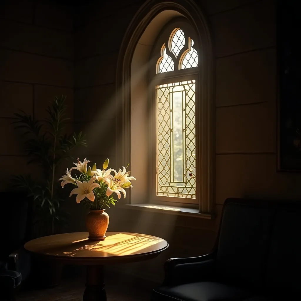 Prompt: dark , the light filtered through arabesque window shutter on the wall , light rays , a round table with a vase with lilies on it