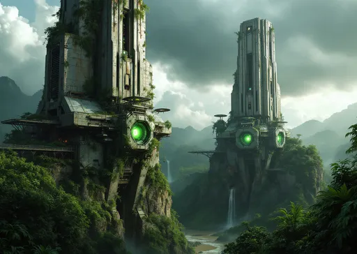 Prompt: Two massive , towering, abandoned , decayed , rusted , overgrown with tropical vegetation and vines futuristic , sci-fi structures rise dramatically from within a lush , tropical jungle perched on rocky cliffs. Each construction is a fusion of brutalist architecture and high-tech elements with angular platforms , glowing green energy cores and mechanical arms extending outward like industrial limbs . The main body of the structure is embedded into the rock itself with large metal ribs and vertical spires jutting upward toward the sky . Neon green lights pulse from within hinting at some hiden power source or alien technology . Suspended bridges and landing pads are attached to the cliff faces partially covered in moss and vines . Around the structures the thick jungle spreads in every direction-dense and distant waterfalls while omnious clouds roll across a dramatic sky overhead . Steam and mist rise from the jungle . A muddy wide river . Waterfalls. Rocky cliffs . Sunlight . Mist .