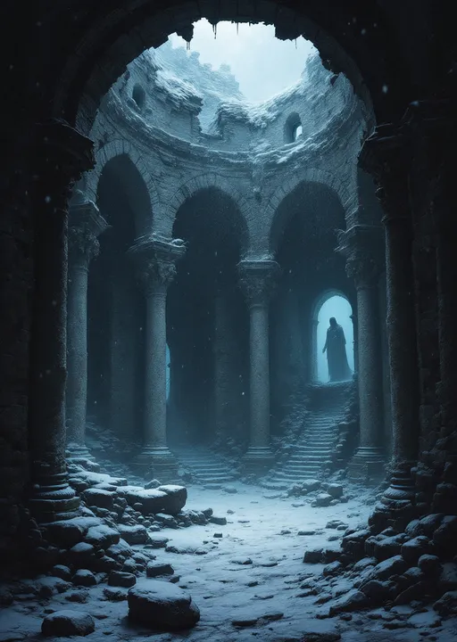 Prompt: The snow-powdered dark hall of a  dark, ruined castle with collapsed roof allowing heavy snowfall to pour inside. Arched  windows let in a cold, dim, blue light . Columns . Statues .  Mist. Snow blown by the wind.  Haunting, ethereal beauty . Night . Mysterious atmosphere. The style of 19th-century realism.