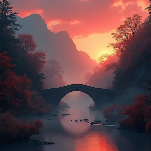 Prompt: A stone bridge with three arches over a mountain river , forest in autumn colors, lushy bushes and thickets , 
thick mist after rain, visceral red sunset , vibrant colors , magical atmosphere , dramatic sky