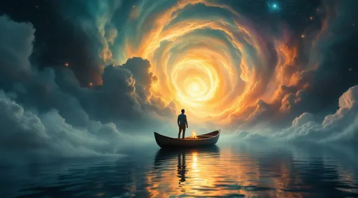 Prompt: A surreal and imaginative scene that blends cosmic wonder with dreamlike fantasy.
A man stands in a small wooden rowboat, floating not on water but through a vast, celestial sea of vibrant colors and swirling cosmic clouds. The boat appears suspended in midair, navigating a dreamy, otherworldly space. Smoke billowing from a small fire lit in the boat .
The backdrop is a spectacular explosion of colors—vivid oranges, reds, yellows, and golds dominate the lower half of the scene, resembling a fiery sunset or the swirling gases of a nebula. The upper part transitions into deeper hues—cool blues, greens, purples, and blacks—evoking the cold vastness of outer space. White and pale pastel clouds curl and billow throughout the sky, blending seamlessly with the other colors in an almost painterly fashion.
Tiny points of light scattered across the dark background resemble stars, enhancing the illusion that the boat is drifting through the universe rather than an earthly body of water. The lighting is soft and ethereal, with warm highlights reflecting subtly off the figures and the edge of the boat, creating a gentle glow that contributes to the dreamlike atmosphere.
The overall mood of the painting is one of exploration, solitude, and wonder. The man and his dog seem to be on a surreal journey through an infinite, mysterious dimension. The image evokes a sense of boundless possibility, a quiet adventure beyond time and space.


