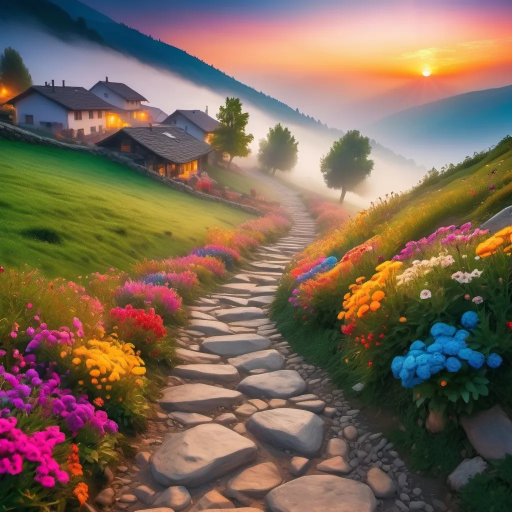 Prompt: a path paved with stones going down a hill covered with a carpet of brightly colored multicolored flowers. In the valley a village covered by fog .  Some trees .Lit by sunset . Brightly colors , Magic and glowing atmosphere