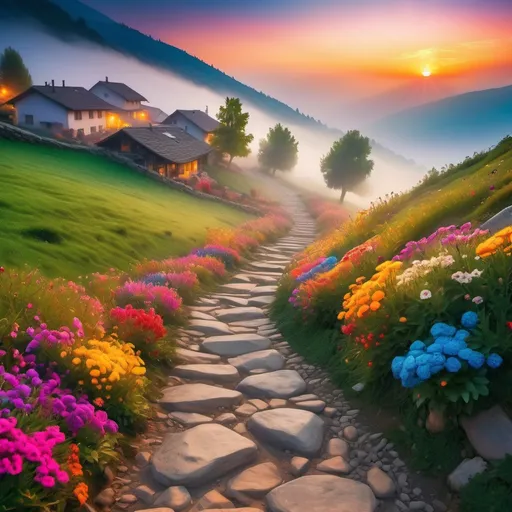 Prompt: a path paved with stones going down a hill covered with a carpet of brightly colored multicolored flowers. In the valley a village covered by fog .  Some trees .Lit by sunset . Brightly colors , Magic and glowing atmosphere