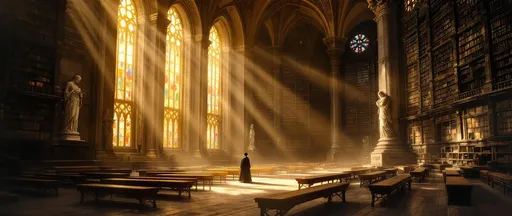 Prompt: A vast hall with intricate stone lacework and statues featuring huge arched stained-glass windows on the left side and towering bookcases filled with old books on the right. Shafts of golden sunlight filter through the windows casting colorful spots of light across the space. Long benches are arranged in the hall. A lone silhouette of a priest walks slowly between them. Sepia tone.  A painting in the style of 19th-century realism.