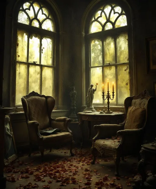 Prompt: A small , very dark , dusty room filled with  Victorian-era relics - torn parlor chairs , damaged furniture , candlesticks , old paintings  and statues . Faint textures of mold and dampness add to the air of abandonment and stillness. A sickly , yellowish diffuse light filters through tall Victorian arched windows made of frosted, grimy and very dirty glass. Cobwebs cling to the corners. Withered flower petals are scattered across the floor. The air is thick with dust and the atmosphere is heavy , decayed and haunting . The faint mist or dust particles suspended in the air catch the windows light, enhancing the sense of quiet decay . 