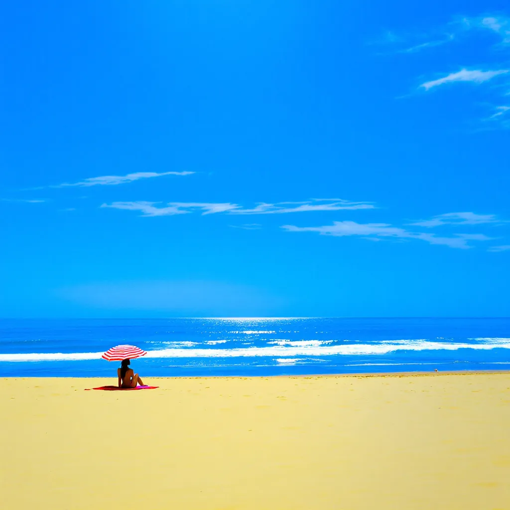 Prompt: A serene beach with golden sand , calm blue ocean waves and a clear sky . A distant silhouette of a woman in a red flowing dress with thin straps sits under a tilted red-and-white striped beach umbrella positioned on a bright red towel . Rocks. The composition is minimalistic with a peaceful and nostalgic summer atmosphere . Sunlight . Mist
