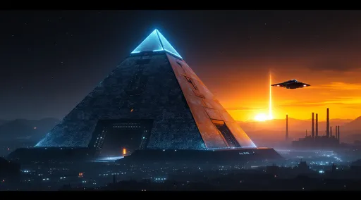 Prompt: A massive, pyramid-like building covered in shimmering lights like circuits complex dominating the landscape, bathed in sunset except for countless glowing blue lights emanating from its surface. A sleek, sci-fi spaceship with glowing thrusters flying towards the pyramid . The architecture is monolithic and imposing, with clean geometric lines and a symmetrical design that gives the impression of power and control. The central structure rises higher than the rest, and a wide corridor or ramp leads toward its peak, reinforcing a sense of monumental scale.
In the distance, subtle beams of light stretch into the sky from the central structure, cutting through the darkness and suggesting a powerful source of energy or advanced technology. The sky above is mostly black, with a few faint stars visible, enhancing the sense of isolation and vastness.
The overall atmosphere is dark, mysterious, and dystopian, reminiscent of classic science fiction films with themes of industrialization, control, and futuristic urban sprawl. 
Industrial landscape covered in shimmering lights and flames coming out from tall industrial chimneys.
