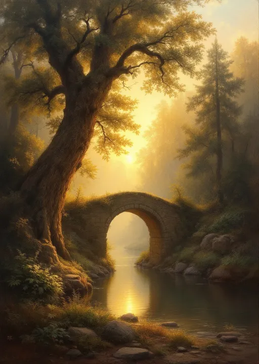 Prompt: A romantic and serene landscape painting in the style of the 19th century realism, showcasing a tranquil forest scene at either dawn or dusk. 
The scene depicts a dense, peaceful forest bathed in a warm, golden light that suggests either sunrise or sunset. The overall atmosphere is calm and dreamlike, with a strong emphasis on natural beauty and harmony.

In the foreground, a large, robust tree with a thick trunk stands prominently on the left side, its branches extending across the top portion of the painting. The bark is richly textured, and the tree is surrounded by a variety of lush undergrowth—bushes, ferns, and grasses—adding depth and detail to the forest floor. A few rocks are also visible at the base of the tree, reinforcing the natural setting.

The middle ground features a calm, reflective body of water—likely a river or stream—that captures the warm light of the sky. Spanning this water is an old stone bridge with a single, large arch. The bridge is partially obscured by the trees and appears to be gently illuminated by the golden light filtering through the forest canopy. The soft, diffuse light creates a hazy, almost ethereal effect.

The background is filled with tall, slender trees, their leaves tinged with shades of gold, amber, and green, indicating a season of early autumn. The light beams shining through the foliage give the entire scene a glowing aura, enhancing the sense of depth and tranquility.

The composition and lighting create a sublime balance between shadow and illumination, emphasizing the beauty of untouched nature and inviting the viewer to contemplate the peaceful silence of the forest.