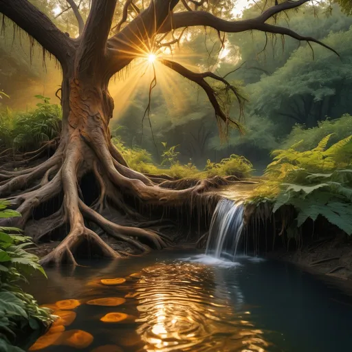 Prompt: Deep forest ., a small waterfall in a pool  , old and gnarled tree partially visible , dense vegetation , lit by golden sunset