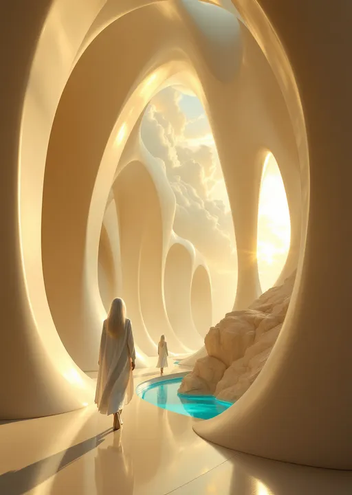 Prompt: Tall men and tall women with white hair dressed in sleek white futuristic clothing walking in a surreal and futuristic yet organic city with enormous , sweeping blending organic-looking arches curving elegantly upwards resembling the inside of a luminous , futuristic cathedral. The walls and the arches are smooth creamy-white (butter color ) and softly reflective catching the golden light that floods the space . The illumination is warm and ethereal with sunlight pouring through unseen openings casting diffused shadows across the arched surfaces . The overall atmosphere feels sacred , timeless and slightly otherworldy. Mist. A turquoise pool.
 The most striking element is the sky . Thick, billowing clouds stretch across the sky, heavy and textured with tones of grey, brown, and hints of blue. These clouds seem to part just enough to reveal a glowing band of soft, golden-yellow light near the horizon, suggesting either a sunrise or a sunset. This light gently spills across the landscape, casting a muted radiance that enhances the depth and mystery of the scene. The style of 19th-century realism .
