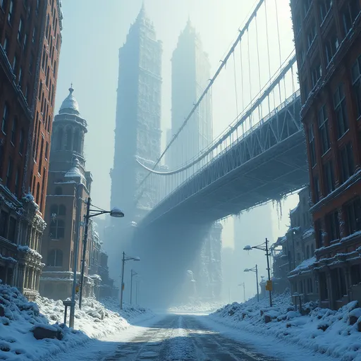 Prompt: A ruined massive city with towering skyscrapers devastated by a catastrophic ice age . A perspective with a massive collapsed suspended bridge . Ruined buildings , wrecked cars and collapsed bridges lie frozen under thick layers of frost and snow .Traffic lights and street signs are encased in frost while enormous icicles hang from shattered structures . A desolate frozen metropolis consumed by an unforgiving winter . Sunlight filtering through dense fog and frozen air . 