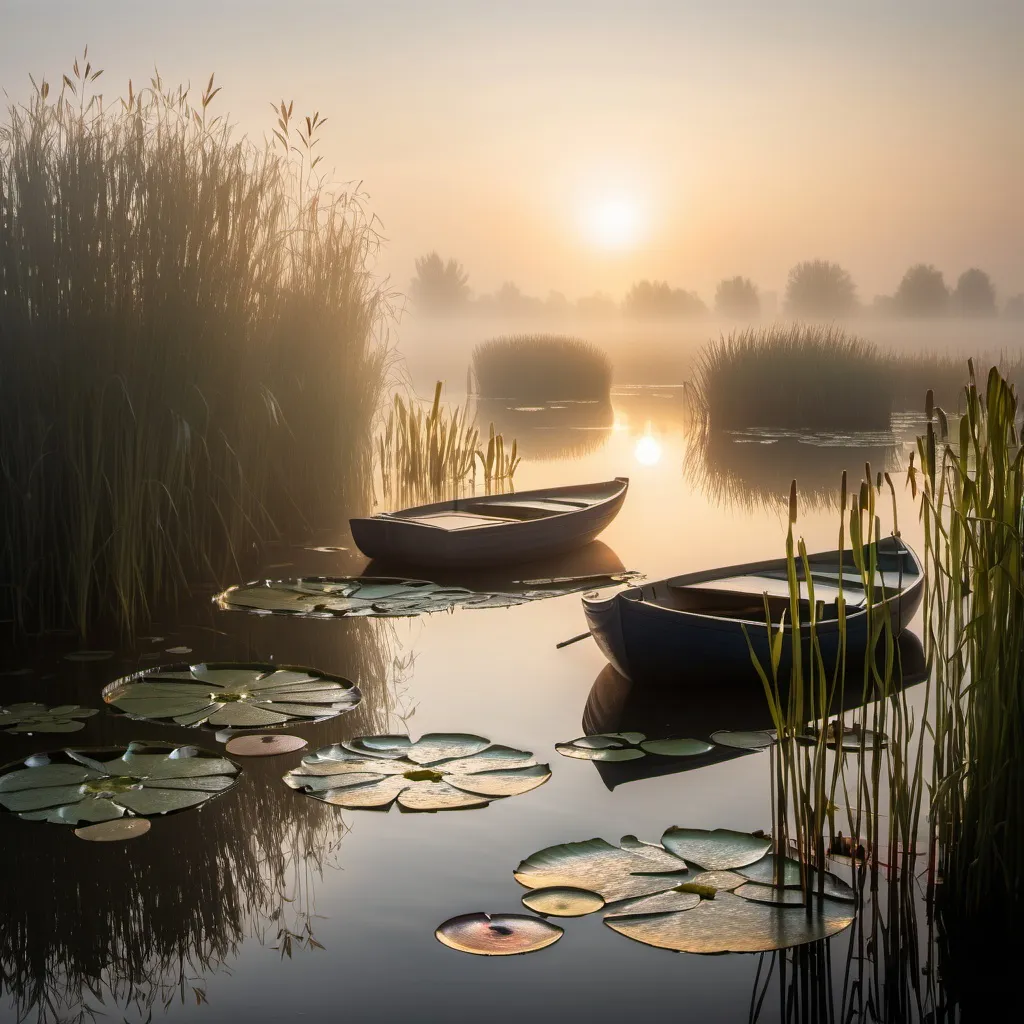 Prompt: water lilies , sunset light filtering through reeds , mist ,  a boat