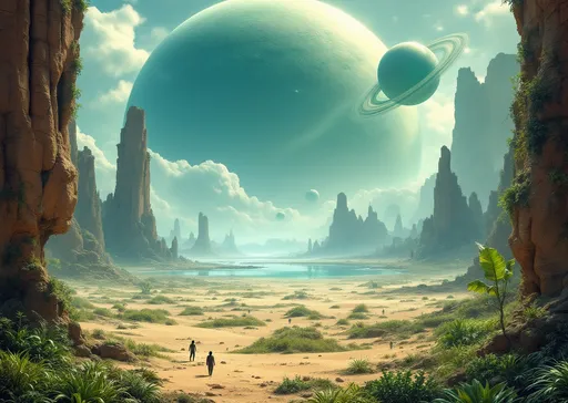 Prompt: A vast desert of sand dunes . Scattered , solitary , twisted , strange, tall, arched,  brown , portal rocks . A lake. Lush extraterrestrial, carnivorous and monstruous plants.  A giant ruined, alien, derelict temple. A giant, ringed, gaseous, green planet with huge satellites barely visible in the misty blue sky. Mist. Sunlight.