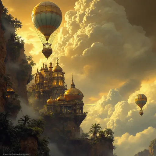 Prompt: A steampunk castle perched on a rocky cliff covered in lush tropical plants and palms with transparent tubes extending into the clouds through which elevators travel. Mist . Intricate mechanical details , brass and copper elements , a surreal, dreamlike atmosphere. Above the castle floats a large, elongated montgolfier balloon tethered tot he structure with ropes .
 The most striking element is the sky . Thick, billowing clouds stretch across the sky, heavy and textured with tones of grey, brown, and hints of blue. These clouds seem to part just enough to reveal a glowing band of soft, golden-yellow light near the horizon, suggesting either a sunrise or a sunset. This light gently spills across the landscape, casting a muted radiance that enhances the depth and mystery of the scene. The style of 19th-century realism.