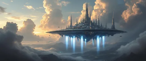 Prompt: A futuristic, sci-fi floating city suspended in mid-air held aloft by vertical jet engines underneath, blasting bright blue exhaust flames. Sleek sci-fi architecture, dramatic clouds swirling. Mist. Flying sci-fi spaceships. Twilight. A painting in the style of 19th-century realism.