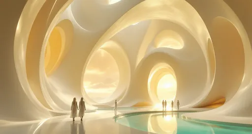Prompt: Tall men and tall women with white hair dressed in sleek white futuristic clothing walking in a surreal and futuristic yet organic city with enormous , sweeping blending organic-looking arches curving elegantly upwards resembling the inside of a luminous , futuristic cathedral. The walls and the arches are smooth creamy-white (butter color ) and softly reflective catching the golden light that floods the space . The illumination is warm and ethereal with sunlight pouring through unseen openings casting diffused shadows across the arched surfaces . The overall atmosphere feels sacred , timeless and slightly otherworldy. Mist. A turquoise pool.
 The most striking element is the sky . Thick, billowing clouds stretch across the sky, heavy and textured with tones of grey, brown, and hints of blue. These clouds seem to part just enough to reveal a glowing band of soft, golden-yellow light near the horizon, suggesting either a sunrise or a sunset. This light gently spills across the landscape, casting a muted radiance that enhances the depth and mystery of the scene. The style of 19th-century realism .

