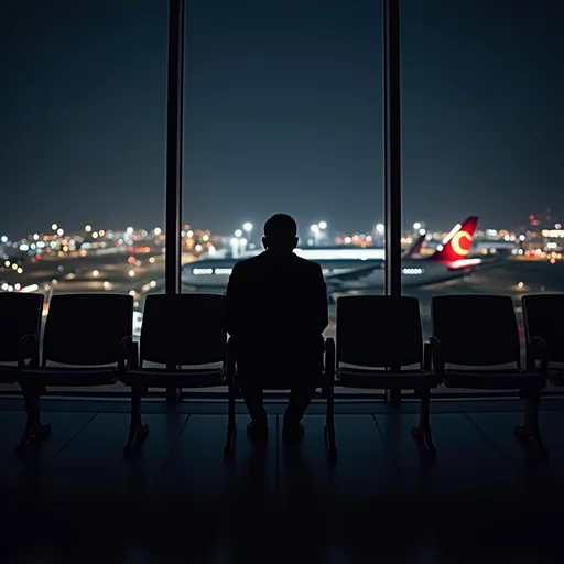 Prompt: The silhouette of a man sitting on a row of chairs in an empty second-floor airport waiting area positioned in front of a large window . Outside it is nighttime with the lights of the airport and airplanes glowing in the darkness .