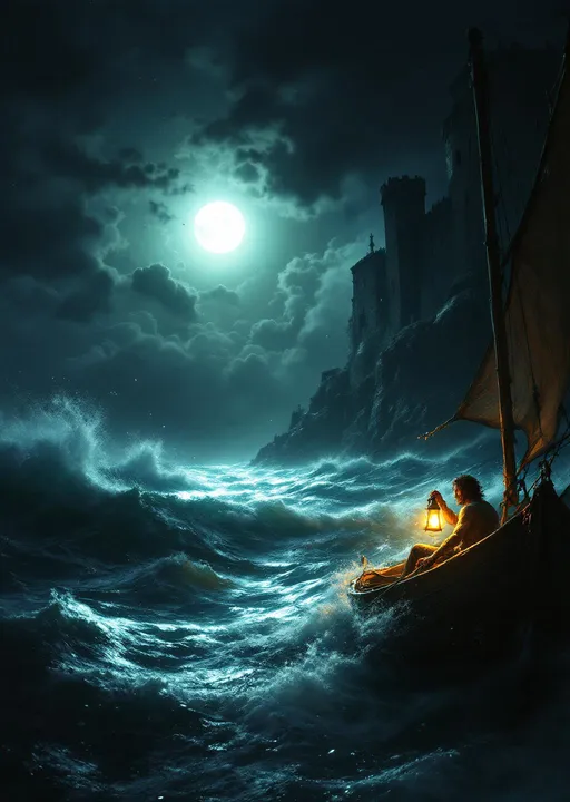 Prompt: A dramatic scene viewed from inside a small boat on a stormy sea at night. The boat has a torn sail and a glowing lantern casting light on a man wearing ragged clothes . The man holds onto a rope tightly as waves crash around him . Mist. The moon is hidden behind clouds creating a backlit sky with scattered clouds glowing faintly .
The boat heads toward a large rocky cliff where an old prison-fortress stands .The atmosphere is tense and chaotic with the sea and wind roaring around the boat .