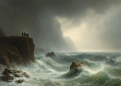 Prompt: A stormy coastal landscape  in the style of 19th-century realism  where towering cliffs meet a wild and turbulent sea. The atmosphere is charged with tension, dominated by storm clouds that loom heavily over the ocean and partially shroud the mountains in mist and shadow. The color palette is primarily composed of cool tones—blues, grays, and whites—evoking the chill and force of a tempestuous sea.

To the left, the coastline rises sharply into steep, rocky cliffs. Atop one of these cliffs, a group of four figures—likely sailors or rescuers—gathers. They appear to be looking out toward the ocean, possibly reacting to a recent shipwreck. Their dark silhouettes contrast against the lighter tones of the rock, drawing the viewer’s attention to this human element amid the vast natural forces.

The sea, occupying the lower half and much of the right side of the painting, is in violent motion. Waves crash against the shore and each other, creating a frothy, swirling surface. The foam glistens with icy blues and whites, hinting at cold, dangerous waters. Near the center-right of the image, a ship is seen partially submerged and leaning—either already wrecked or about to be overcome by the relentless waves. Its masts are broken or tilted, giving a tragic sense of vulnerability and loss.

Above, the sky is dense with clouds, though patches of lighter blue peek through, suggesting a possible end to the storm or a moment of fragile hope. The lighting is dramatic, with areas of brightness breaking through the gloom, highlighting the textures of the water and the cliffs.

The overall mood of the scene is intense and melancholic, emphasizing the smallness of man in the face of nature’s grandeur and fury. The artist has masterfully conveyed movement, emotion, and atmosphere, making the viewer feel both the chaos of the storm and the quiet desperation of those on the shore.

