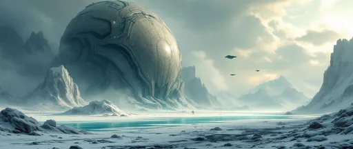 Prompt: A colossal, derelict monolithic structure of alien technology covered in intricate grooves and striations in the middle of a misty frozen land surrounded by ice cliffs. A turquoise, frozen lake. Wind blown snow. Flying alien spaceships. Clouds of swirling snow. Sunlight. A painting in the style of 19th-century realism.