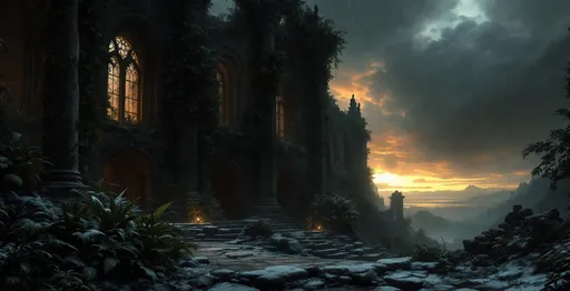 Prompt: The dark hall of a  dark, ruined castle overgrown with lush , tropical plants with collapsed roof allowing heavy snowfall to pour inside. Arched  windows let in a cold, dim sunset light . Columns . Statues .  Mist. Snow blown by the wind.  Haunting, ethereal beauty . Night . Mysterious atmosphere.  The most striking element is the sky . Thick, billowing clouds stretch across the sky, heavy and textured with tones of grey, brown, and hints of blue. These clouds seem to part just enough to reveal a glowing band of soft, golden-yellow light near the horizon, suggesting either a sunrise or a sunset. This light gently spills across the landscape, casting a muted radiance that enhances the depth and mystery of the scene. Mist. The style of 19th-century realism.