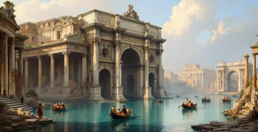 Prompt: A scene in the style of 19th-century realism that depicts a grand and romanticized scene of ancient Roman ruins, partially submerged by a turquoise canal. The architecture is monumental, featuring a ruined large triumphal arch at the center, richly decorated with bas-reliefs and ornate carvings. Flanking the arch are massive colonnades with tall Corinthian columns supporting crumbling entablatures, suggesting the passage of time and decay. Mist .

The scene is animated with human activity: small boats and gondolas navigate the canal, carrying passengers dressed in historical attire, hinting at a setting that blends classical antiquity with a more modern (perhaps 18th-century) interpretation. The water reflects the monumental structures, enhancing the dreamlike atmosphere.

In the background, another archway and more ruins are visible, leading the viewer’s eye deeper into the composition. The sky is softly lit, with gentle clouds suggesting late afternoon light, casting warm tones on the stone structures and water.

Overall, the scene conveys a romantic and nostalgic view of ancient Rome, blending grandeur, decay, and human life into a harmonious and picturesque composition.