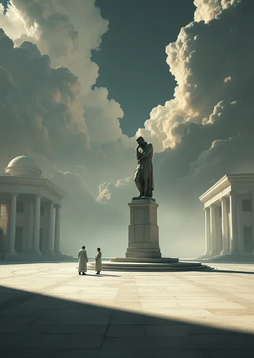 Prompt: A dreamlike deserted sci-fi urban square starkly lit with long shadows that suggests late afternoon . The light source is low and strong casting elongated shadows from the buildings , statue and figures across the ground.
At the center stands a Greek thinker statue. The statue is elevated on a pedestal and casts a dominating shadow that stretches toward the lower left corner.
White sci-fi buildings are flanking the square
Two small human figures dressed in white sci-fi clothes stand together to the left of the statue facing each other. Their presence emphasizes the vast emptiness of the square and adds a sense of isolation or mystery.
The entire scene is steeped in a surreal, mysterious stillness where time seems frozen. The empty square , long shadows and unusual color contrasts create an enigmatic almost dreamlike tension. Mist. Despite the classical architecture the scene feels oddly depopulated and filled with existential unease.
The most striking element is the sky . Thick, billowing clouds stretch across the sky, heavy and textured with tones of grey, brown, and hints of blue. These clouds seem to part just enough to reveal a glowing band of soft, golden-yellow light near the horizon, suggesting either a sunrise or a sunset. This light gently spills across the landscape, casting a muted radiance that enhances the depth and mystery of the scene. The style of 19th-century realism.
