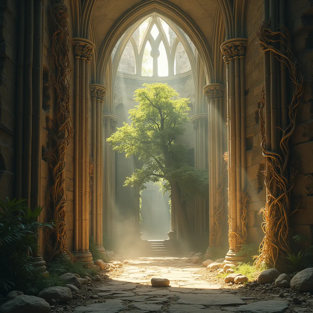 Prompt: The interior of a ruined grand Gothic cathedral where ribbed vaults and arches extend and interwine like organic structures resembling vines and lianas creating a mesmerizing fusion of stone and vines . Statues . A lushy tree . Mist . Golden sunlight streams through a large crack in the wall illuminating the dust particles in the air . 